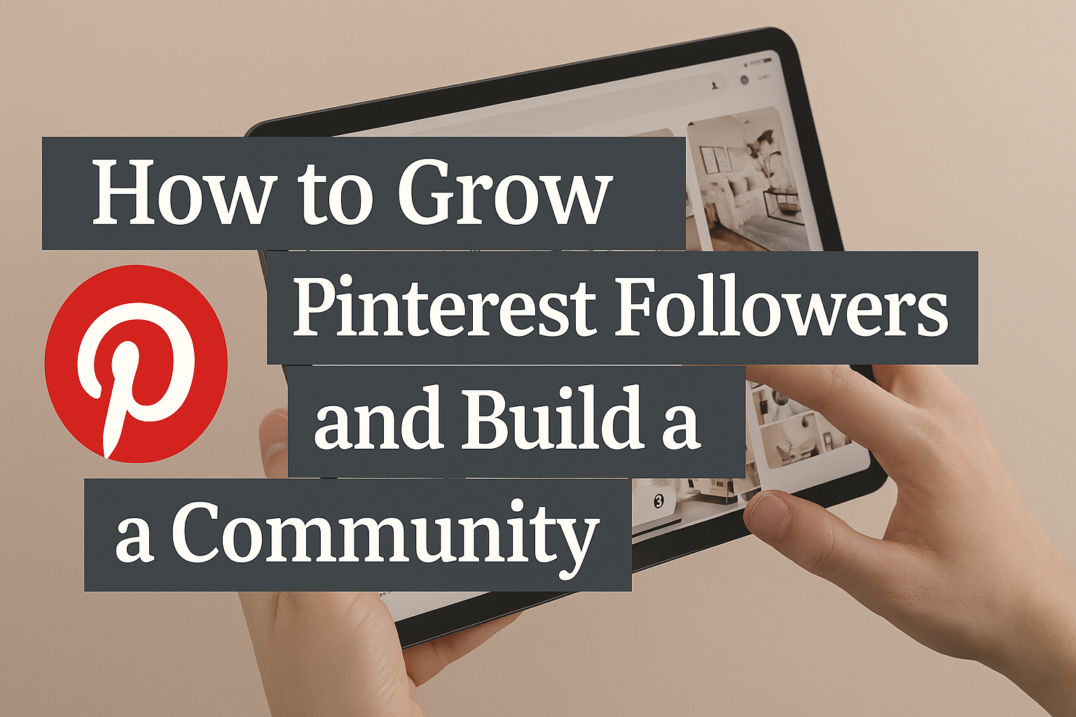 Hands holding tablet with Pinterest open and overlay text 'How to Grow Pinterest Followers and Build a Community.