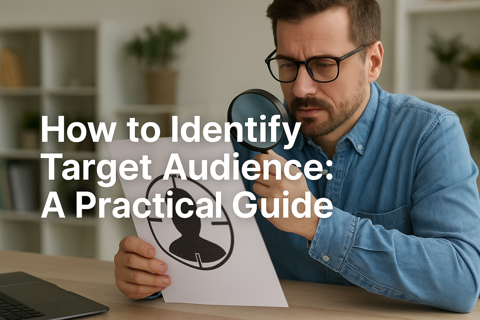 A digital graphic with the title "How to Identify Target Audience: A Practical Guide" featuring a professional workspace with a laptop, coffee mug, and notebook, styled for a modern marketing or business theme.