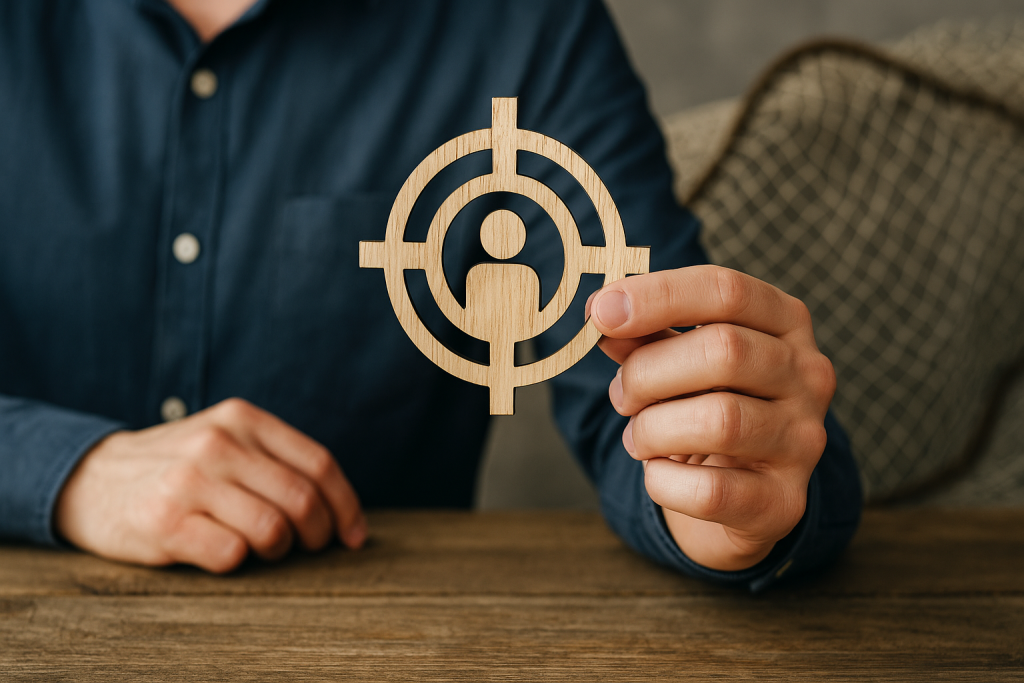 Person holding a wooden cutout of a target icon, symbolizing audience focus and marketing strategy.