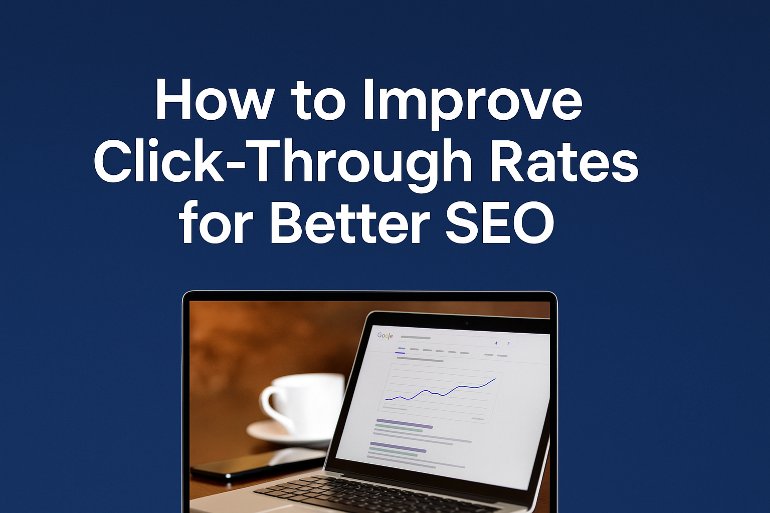 Graphic with text 'How to Improve Click-Through Rates for Better SEO' above laptop showing Google search results.