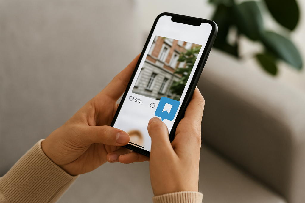 Person using smartphone to save or share social media content.
