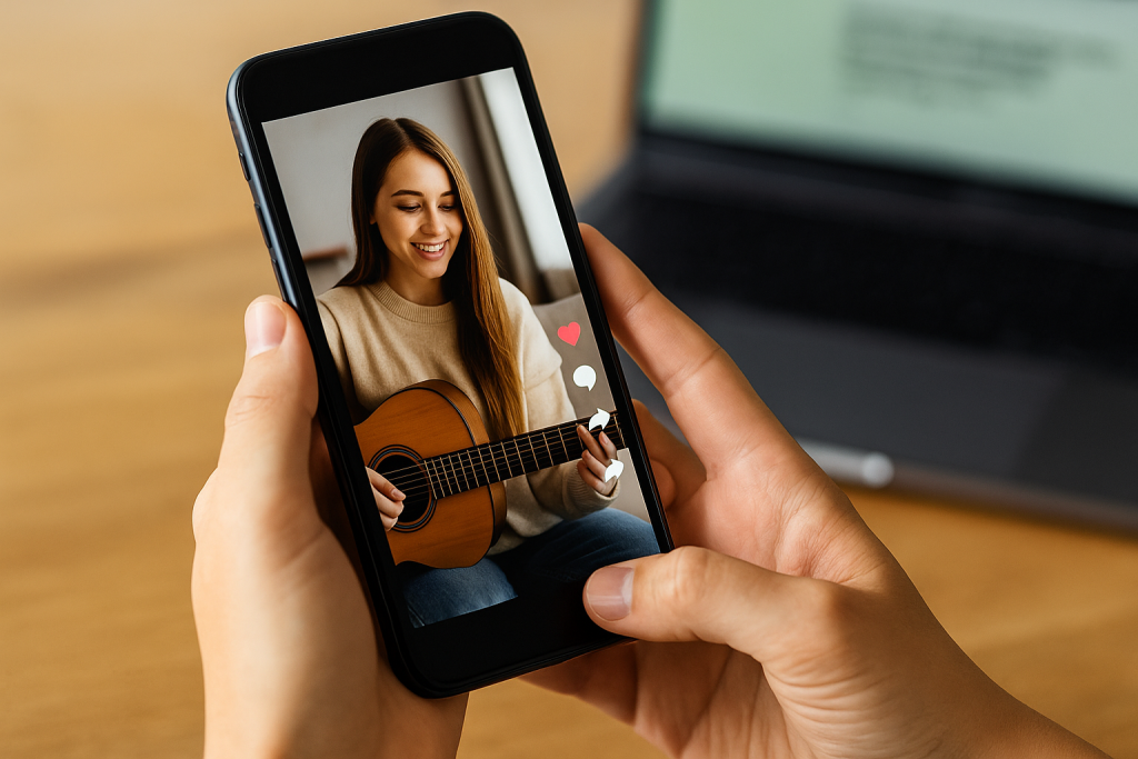 Person recording a short-form video on their smartphone in a bright, modern space.