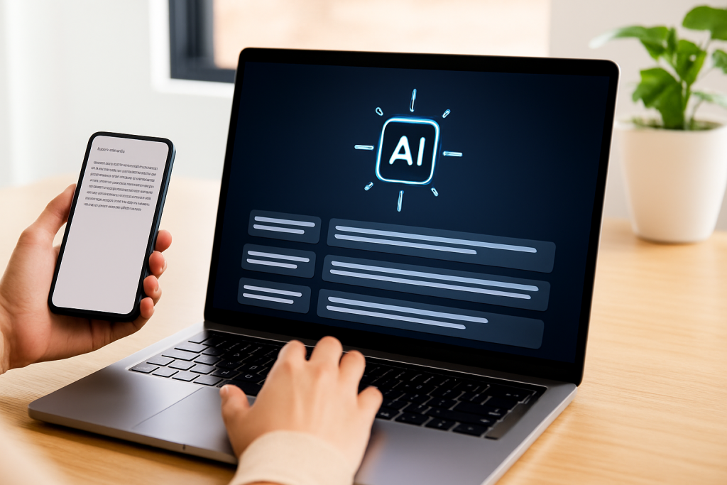 Close-up of a laptop displaying AI-generated content suggestions in a creative workspace.