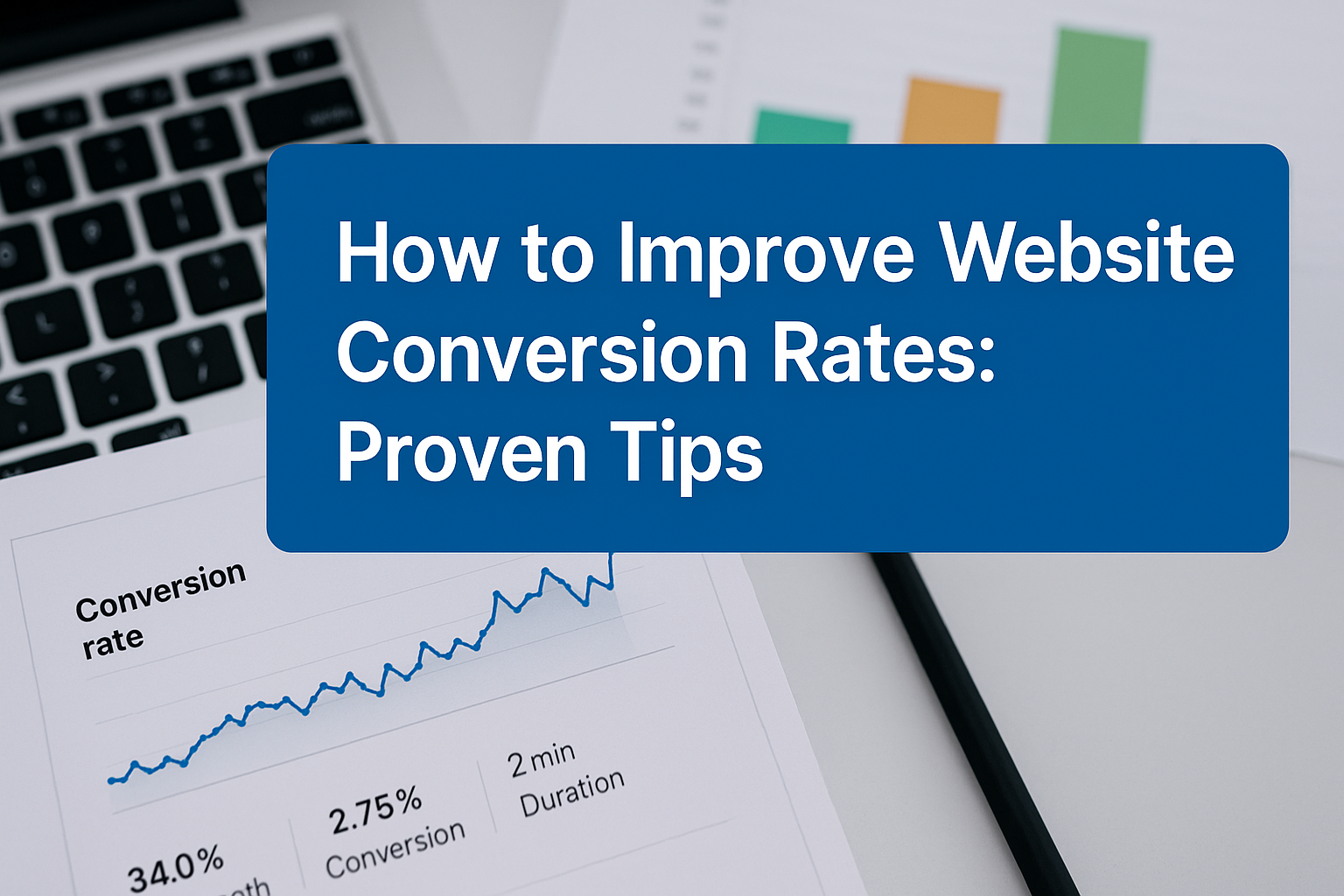 Digital graphic showing a website optimization dashboard on a laptop screen with the title "How to Improve Website Conversion Rates: Proven Tips."
