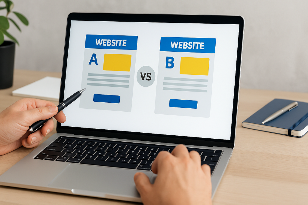 A digital photo of a laptop on a desk displaying A/B testing data and graphs, representing a strategic approach to website conversion optimization.