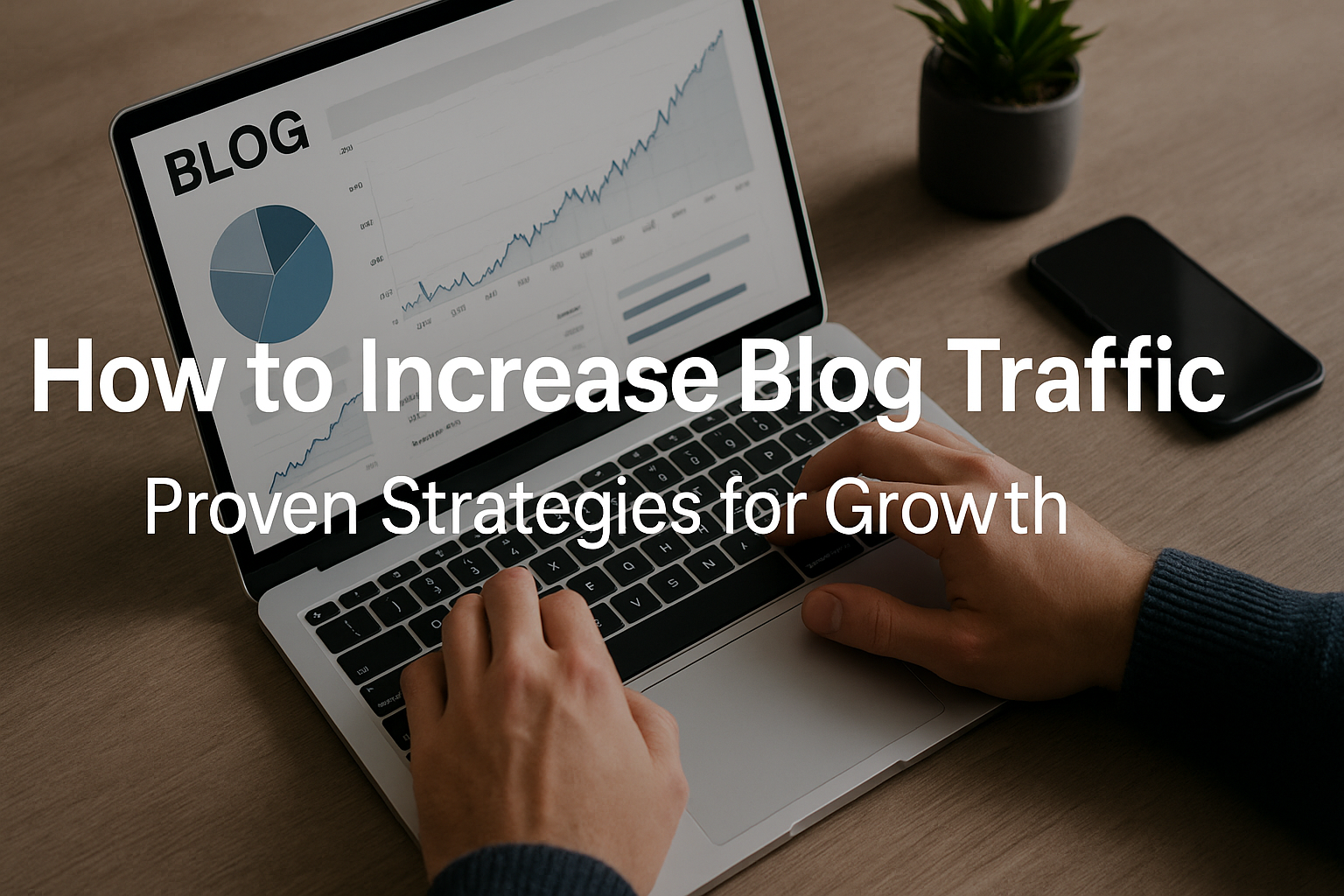 A realistic digital photograph with overlaid text that reads "How to Increase Blog Traffic: Proven Strategies for Growth."