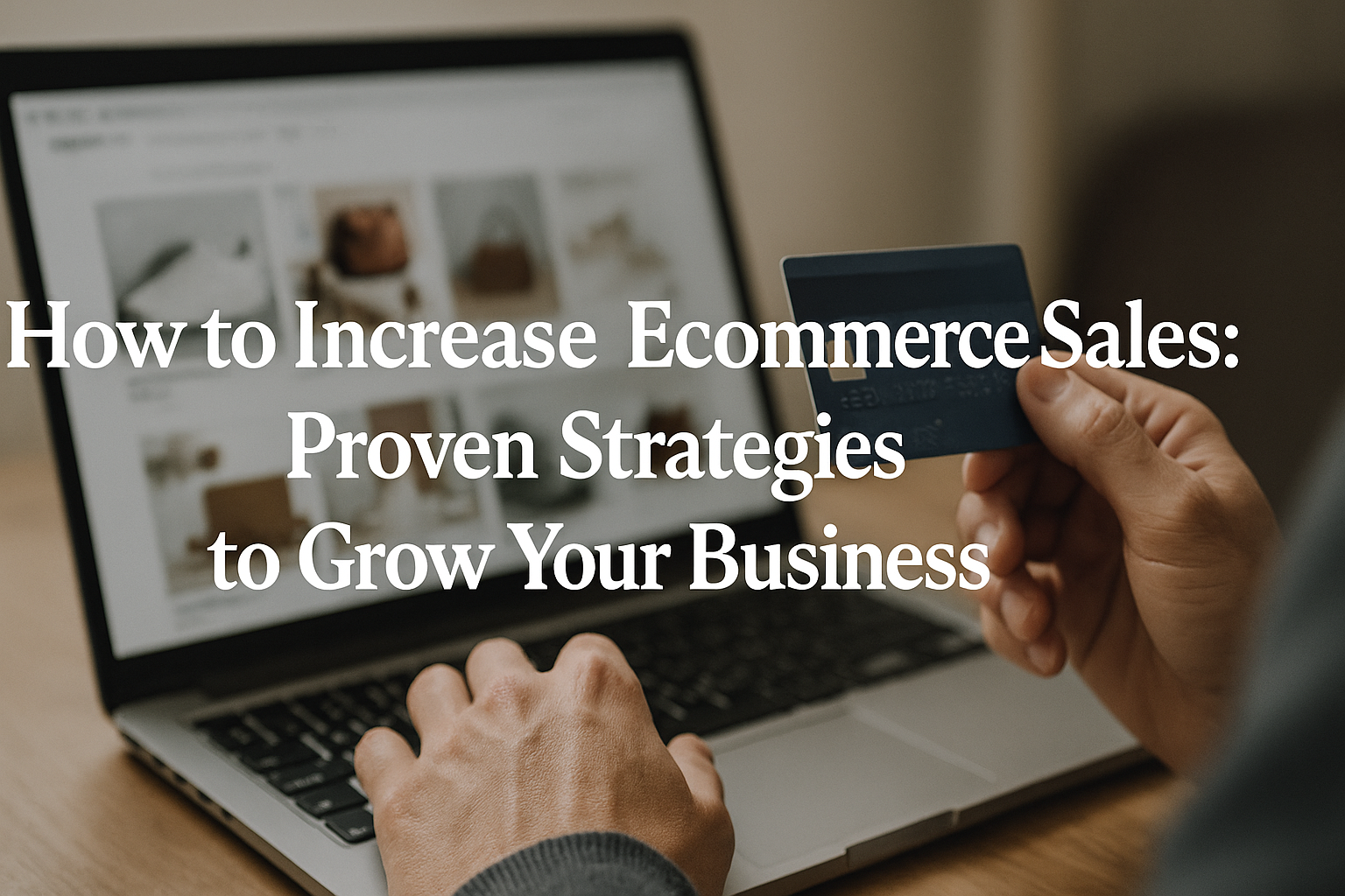 A realistic digital photo shows a person using a laptop in a modern workspace with shopping icons overlaid, representing ecommerce strategy, with the title “How to Increase Ecommerce Sales: Proven Strategies to Grow Your Business” visible.