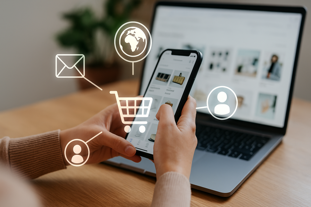 A realistic digital photograph with graphic overlays showing diverse people engaging in online shopping on laptops and mobile devices, representing the modern ecommerce landscape and customer-centric digital strategy.