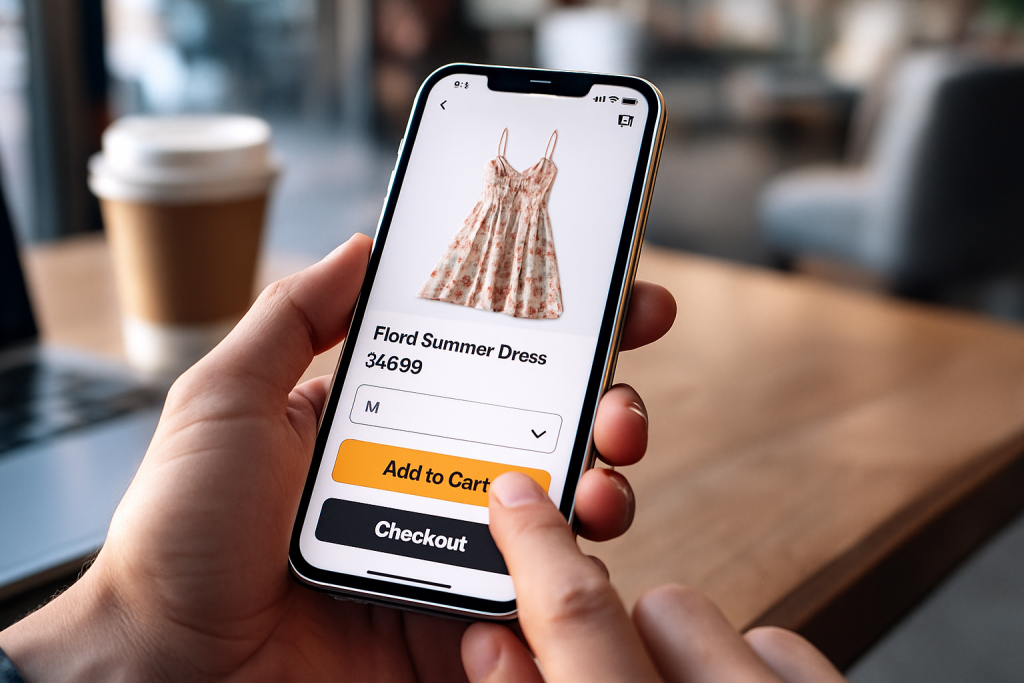 A realistic digital photograph focuses on a person holding a smartphone with one hand, using their thumb to navigate a mobile shopping interface, illustrating thumb-friendly design for ecommerce usability.