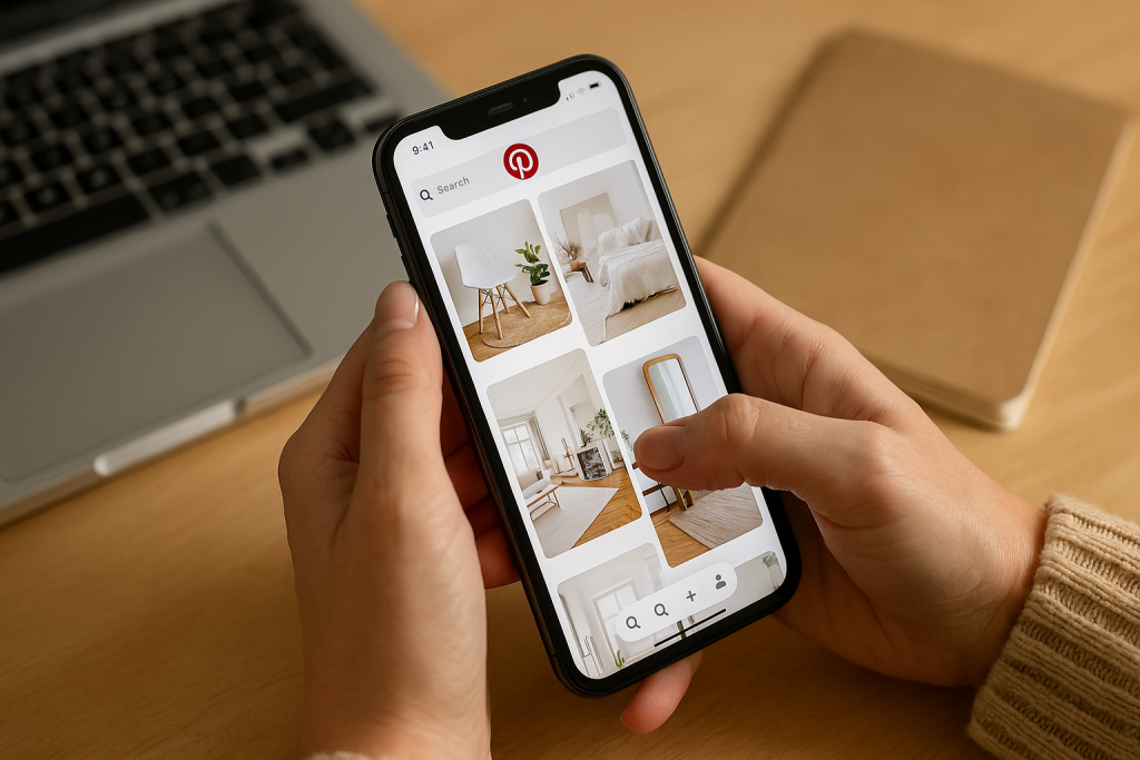A digital photograph captures a person using the Pinterest app on a smartphone, with a laptop open in the background, suggesting multitasking during online shopping or content planning.