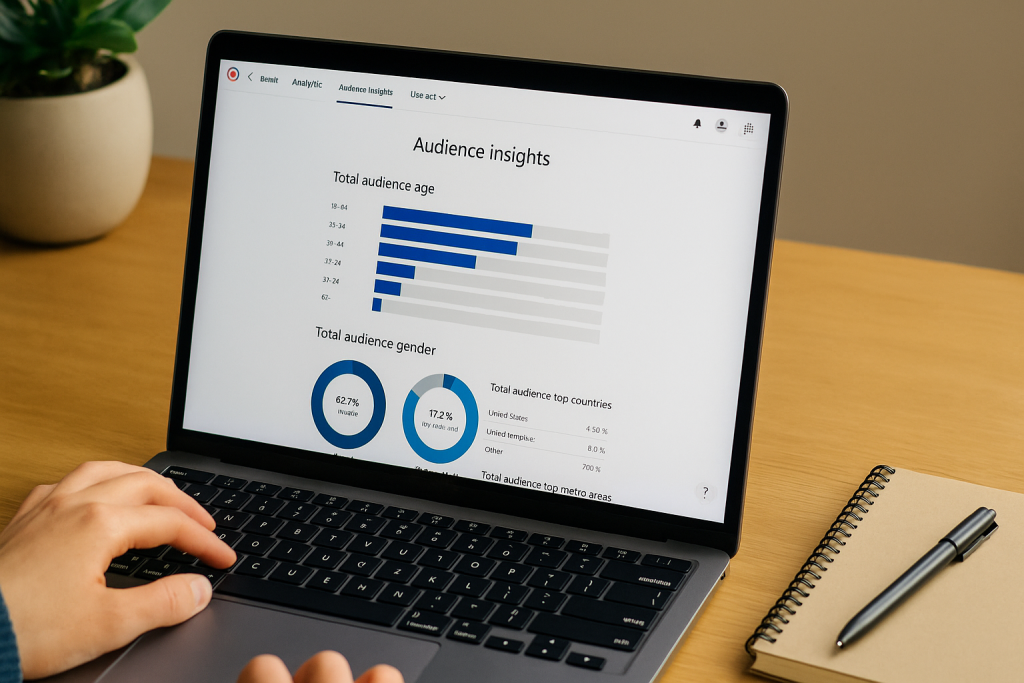 A close-up view of a person using a laptop showing Pinterest audience insights with charts and graphs, surrounded by a potted plant, notebook, and pen on a wooden desk.