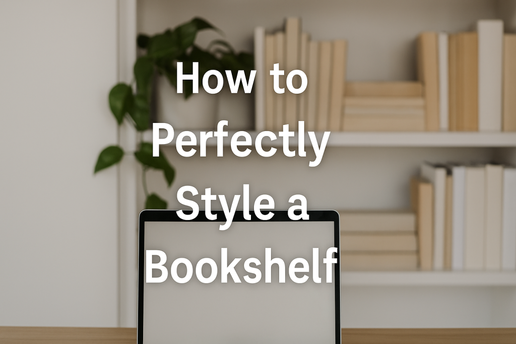 A minimalist bookshelf styled with neutral-toned books and a trailing green plant, softly lit in a cozy interior setting, ideal for a Pinterest-style home decor tutorial.