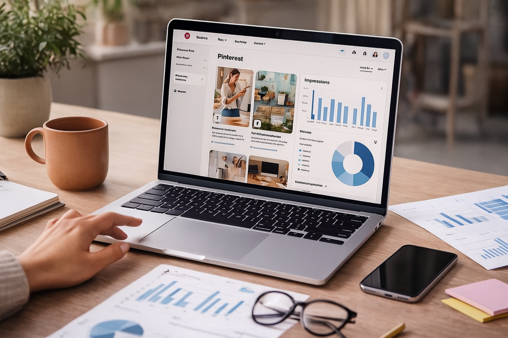 Person analyzing Pinterest analytics dashboard on laptop with performance charts and content insights.