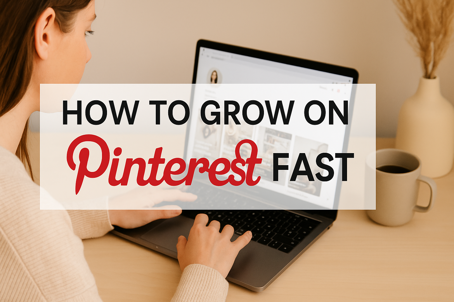 Person using Pinterest with overlay text 'How to Grow on Pinterest Fast' for social media marketing tips.