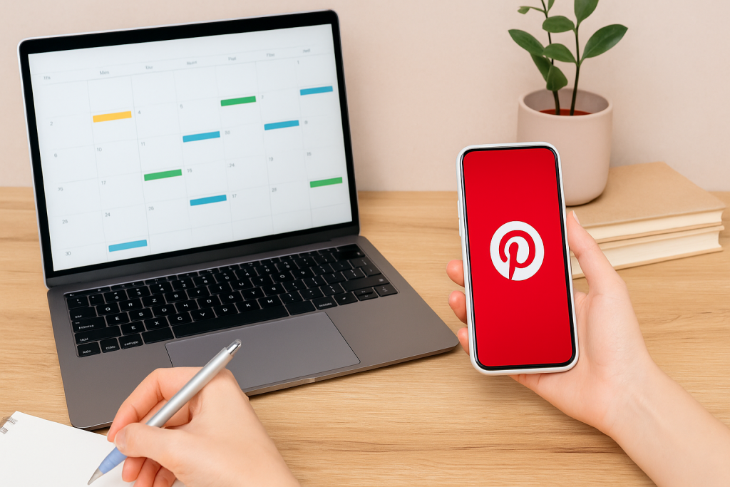 Pinterest app on smartphone with content calendar open on laptop for social media planning.