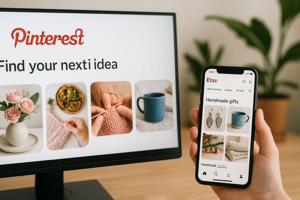 A computer screen showing Pinterest and a smartphone displaying an Etsy shop with handmade products.