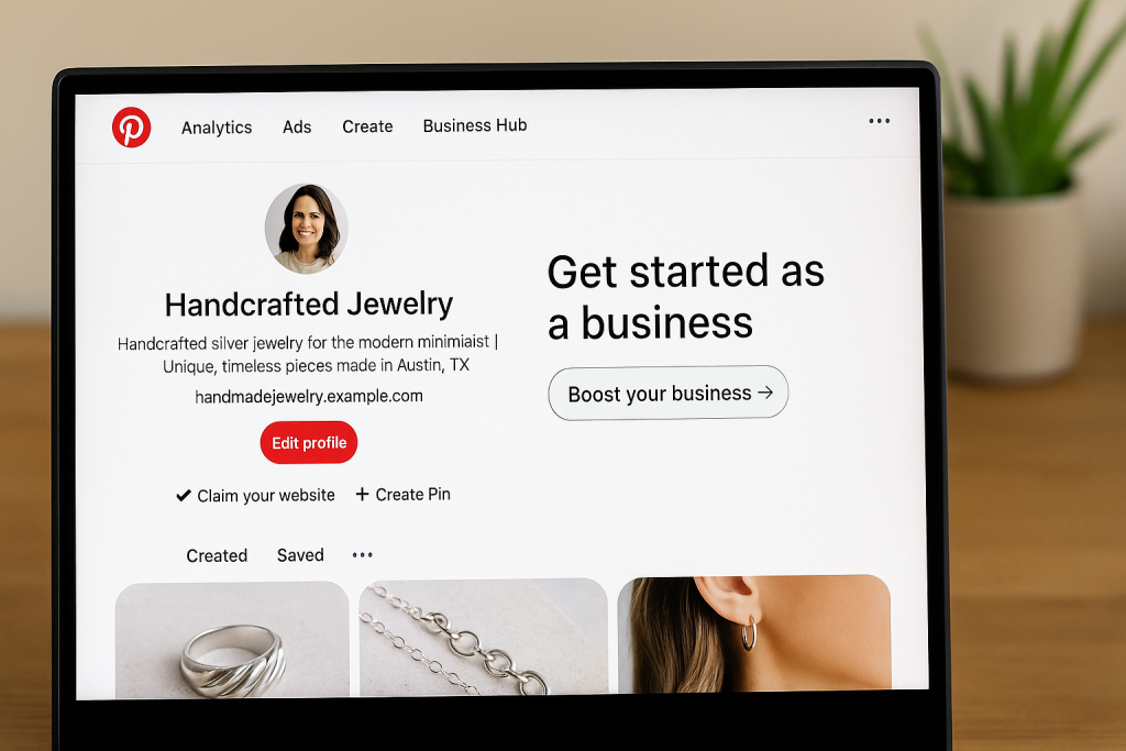 Computer screen showing a Pinterest Business profile setup for a handmade jewelry shop on a wooden desk.