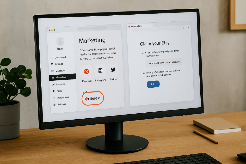 Computer monitor displaying Pinterest and Etsy integration instructions in a home office setup with a plant and notebook.