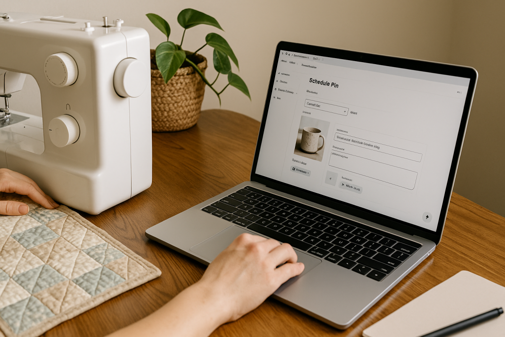 Person using a laptop to schedule Pinterest Pins while quilting beside a sewing machine in a cozy workspace.