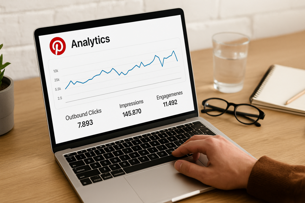 Laptop on a wooden desk displaying Pinterest analytics, with a hand on the touchpad and workspace items nearby.