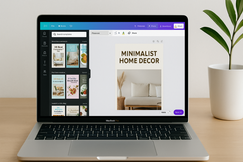 A digital photograph shows a silver MacBook Pro laptop on a wooden desk, displaying a Pinterest Pin being designed in Canva with a minimalist home decor theme.