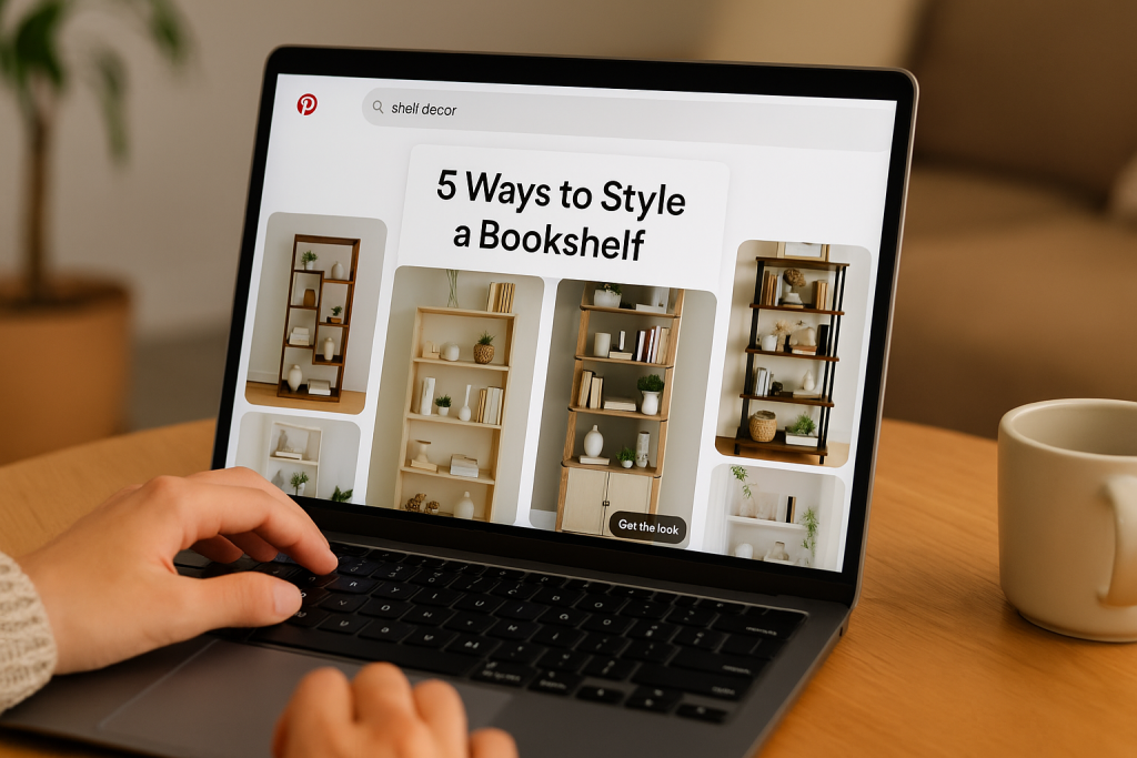 A digital photograph captures a person using Pinterest on a laptop, browsing bookshelf styling ideas in a cozy, well-lit room.