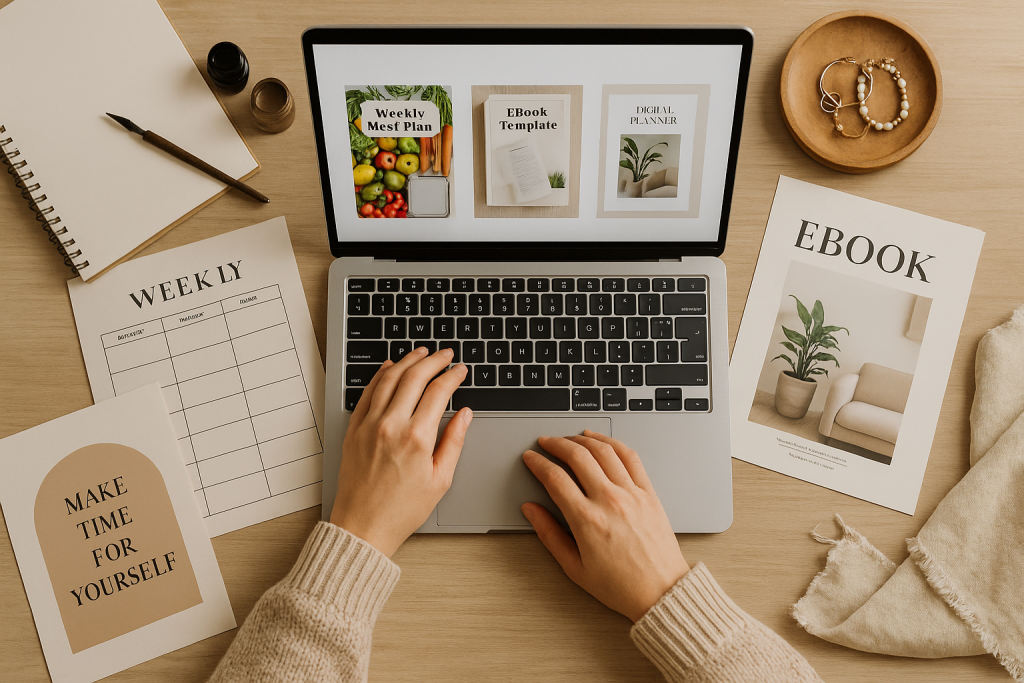 A high-resolution photo shows a person creating digital products like planners and ebooks on a laptop surrounded by printed materials on a wooden desk.