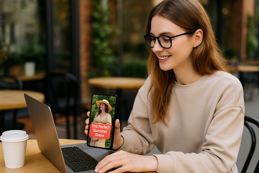 A woman sitting at an outdoor café using a smartphone to create a Pinterest ad, with a laptop and coffee cup on the table.
