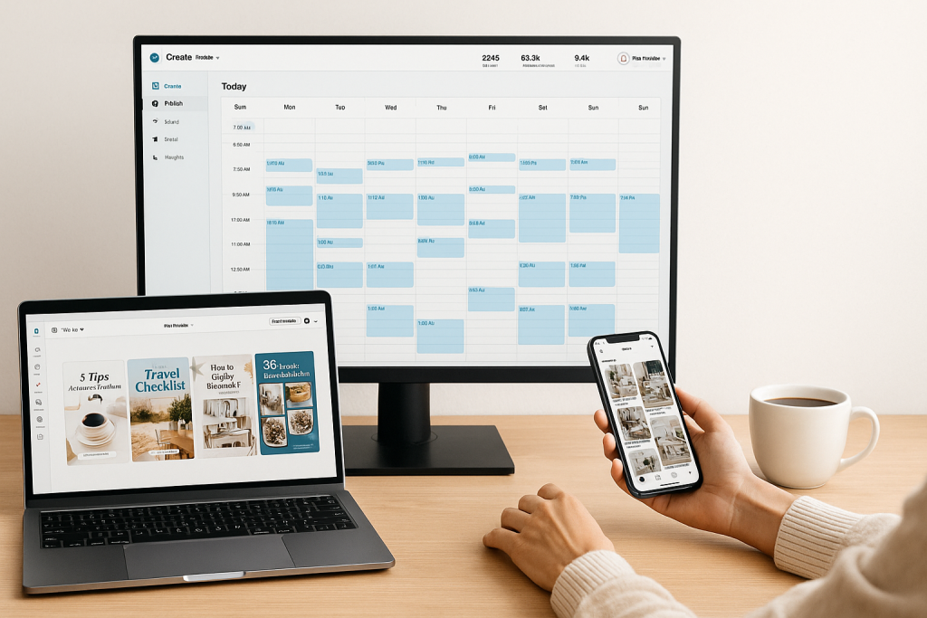 A digital workspace setup displays a Pinterest marketing dashboard on a monitor, a Pin design tool on a laptop, and a mobile phone browsing Pinterest, with a cup of coffee on the side.