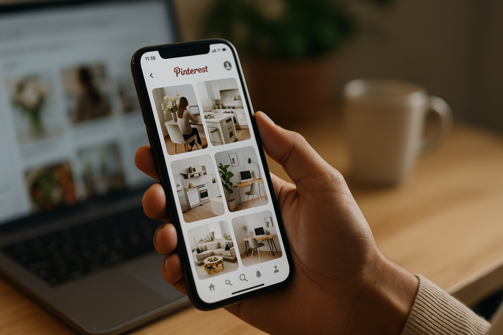 A person holding a smartphone while browsing Pinterest, showing visually engaging pins like home decor and lifestyle ideas, with a laptop and coffee mug blurred in the background on a wooden desk.Small business owner packing products with laptop open, promoting 'Shop on Pinterest