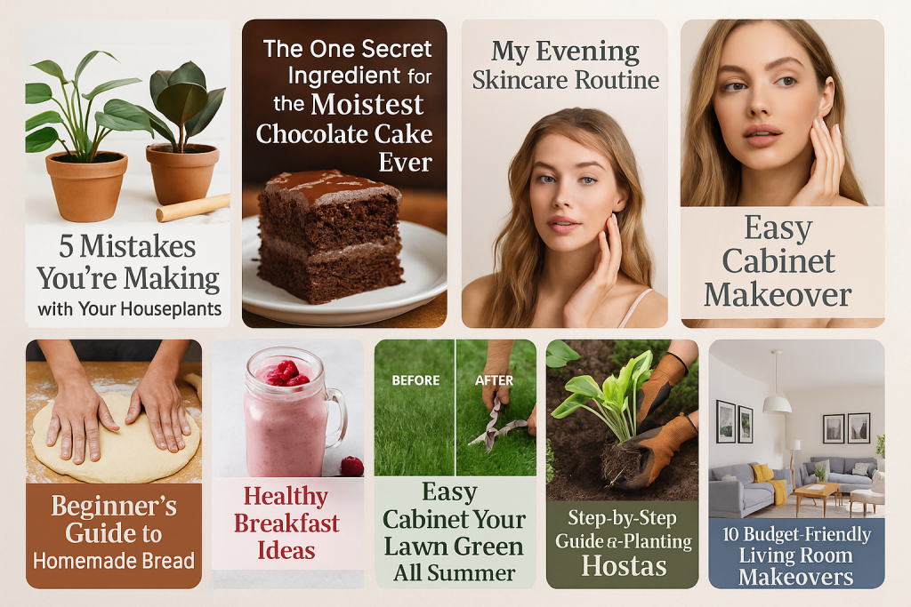 A digital collage of Pinterest-style pins showing various engaging visuals like chocolate cake, houseplants, skincare, DIY projects, and food, designed to capture curiosity and encourage clicks.