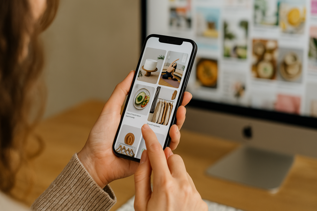 A woman holds a smartphone displaying Pinterest Story Pins with visuals like yoga, food, and decor, while browsing in front of a desktop monitor showing more Pinterest content in a softly lit home workspace.