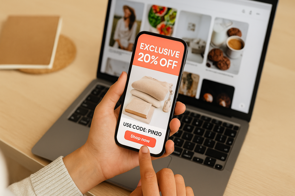 A person holds a smartphone displaying a Pinterest Story Pin offering a discount on home essentials, with a laptop showing lifestyle pins in the background on a clean, light wood desk.