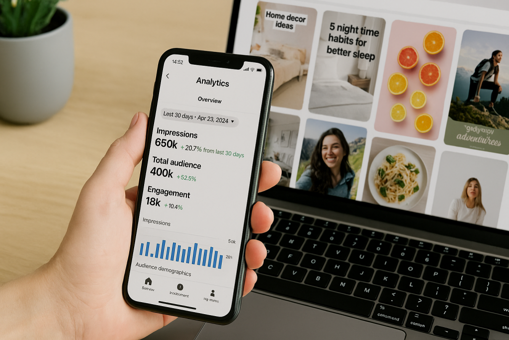 A person holds a smartphone displaying Pinterest analytics showing impressions, audience growth, and engagement stats, with a laptop open in the background showing Pinterest pins, all set on a modern desk.