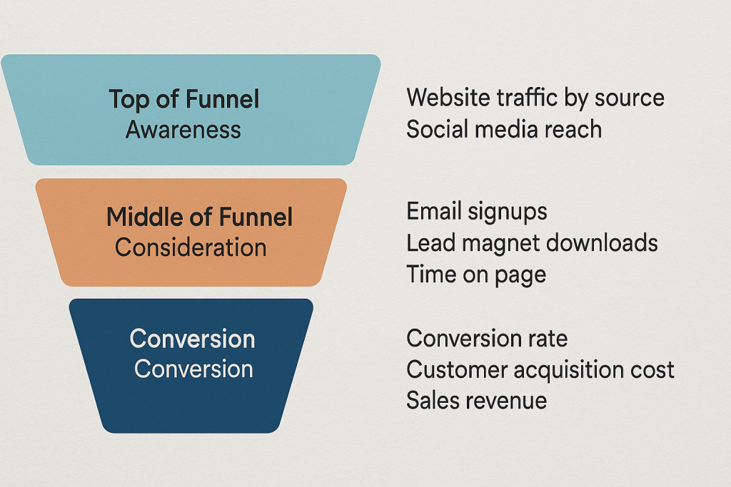A flat infographic illustrates a three-stage marketing funnel labeled Awareness, Consideration, and Conversion, with corresponding KPIs such as website traffic, email signups, and sales revenue aligned to each funnel level.