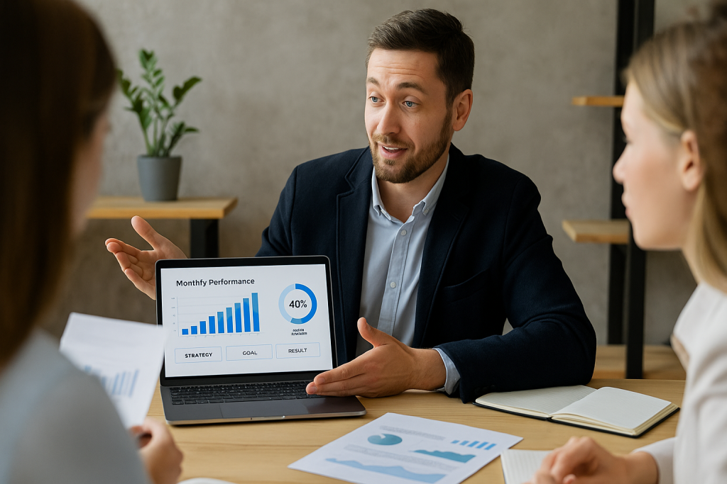 A professional man in a blazer presents marketing performance data on a laptop to colleagues in a meeting room, with charts and graphs visible on screen and paper documents on the table.