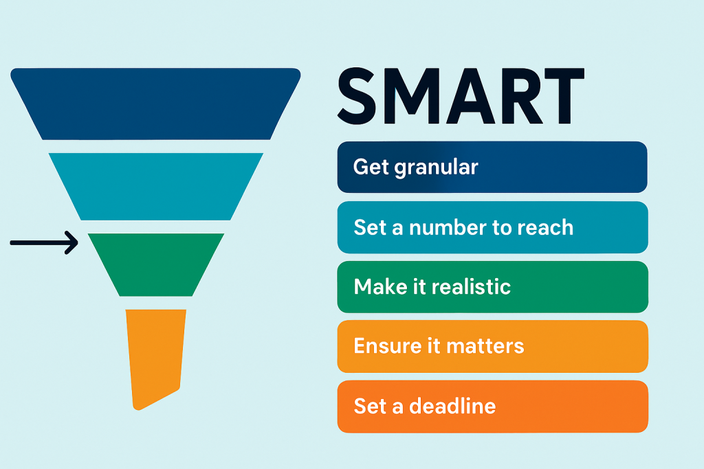 A colorful SMART goals funnel infographic with labeled sections for Specific, Measurable, Achievable, Relevant, and Time-bound, arranged from top to bottom on a light blue background.