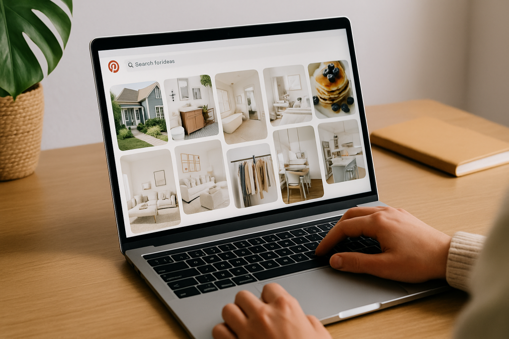 Hands typing on a laptop showing Pinterest’s homepage with lifestyle pins, on a wooden desk beside a plant.