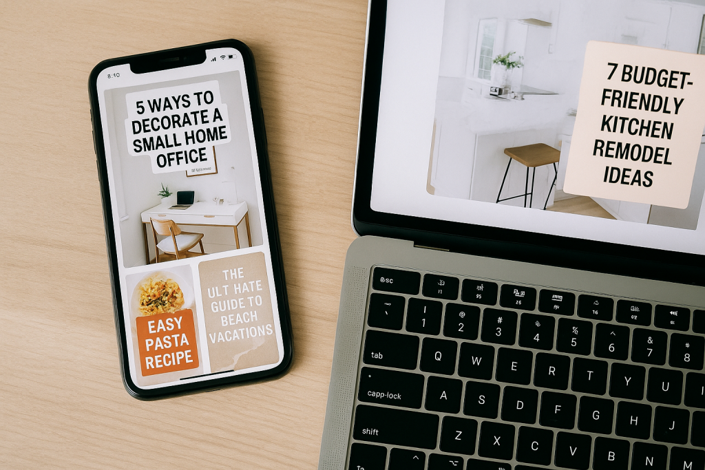 Smartphone and laptop displaying eye-catching Pinterest pins for home decor, food, and travel on a wooden desk.