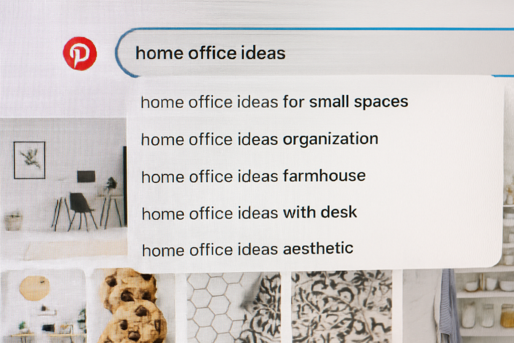Pinterest search bar with keyword suggestions for "home office ideas" shown on a desktop screen.