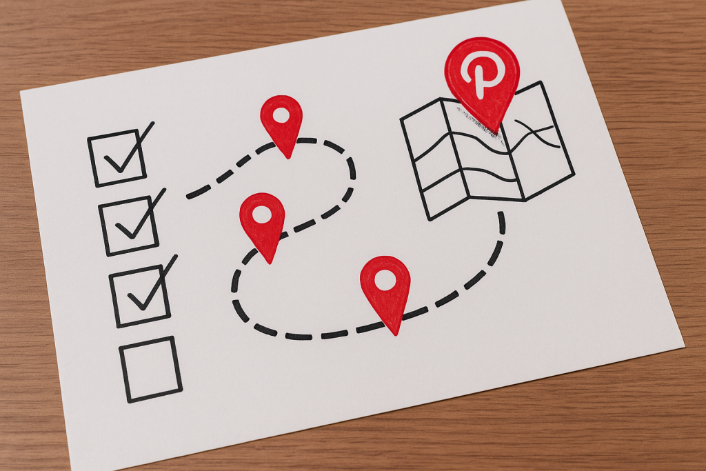 Hand-drawn roadmap with red location pins and a checklist on a sheet of paper on a wooden desk.