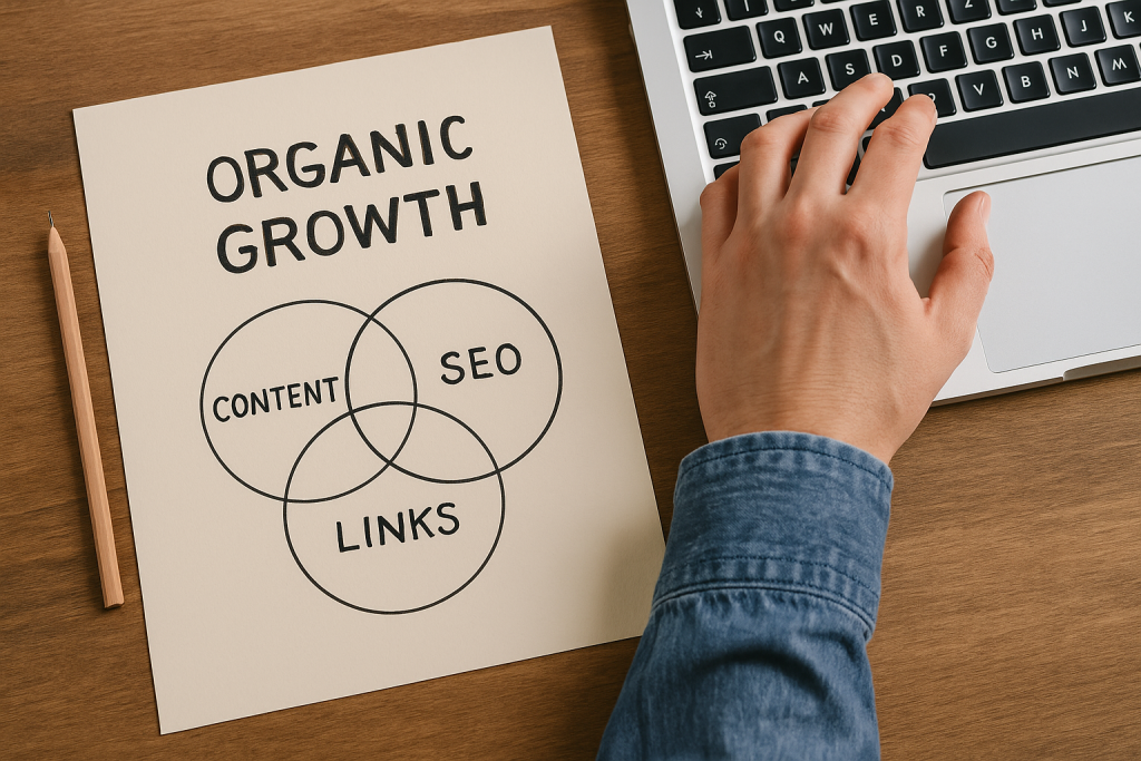 Venn diagram labeled Content, SEO, and Links on paper beside a laptop and pencil on a wooden desk