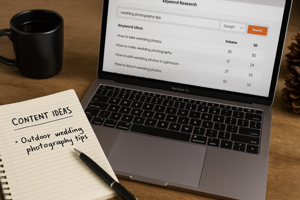 Laptop displaying keyword research results next to a notebook with handwritten content ideas on a wooden desk.