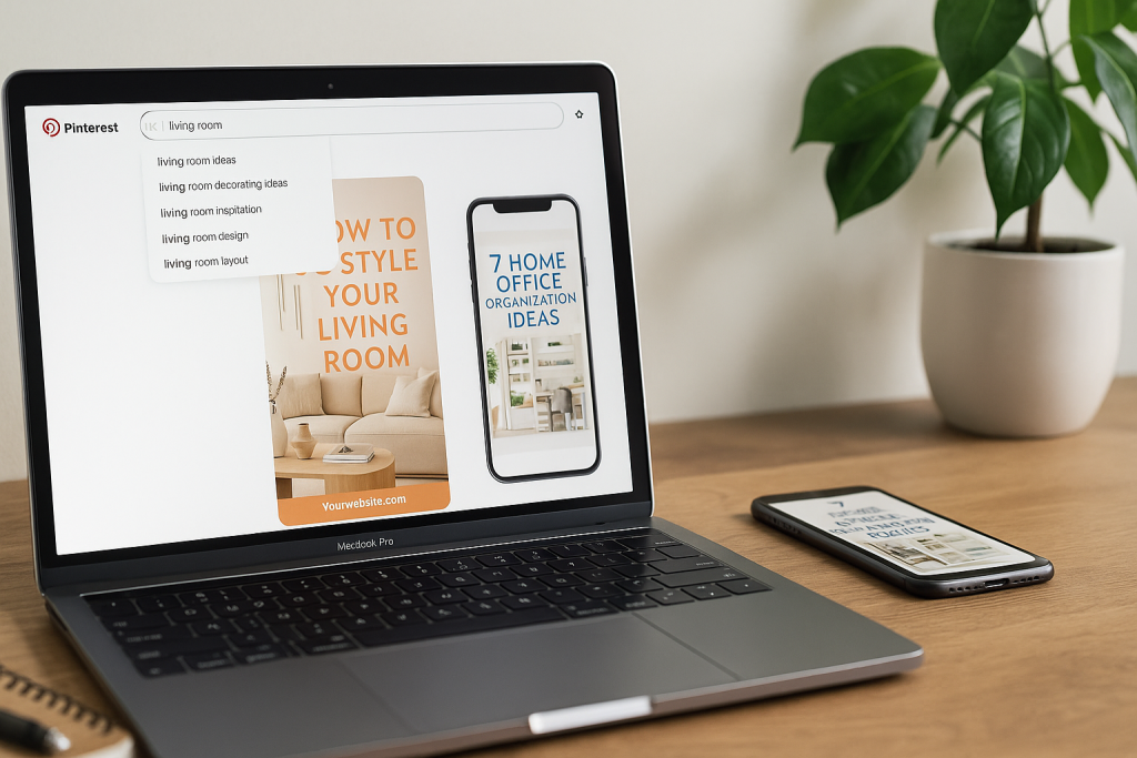 MacBook Pro showing Pinterest search suggestions and vertical pins beside a smartphone on a wooden desk with a plant.